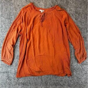 WMNS Rust Tie Front Peasant Top 3X Burnt Orange Rayon Lagenlook Layered Rustic